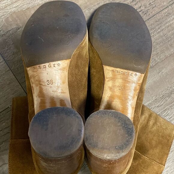 Sandro Paris Brown Tan Suede Ankle Boots w a Wooden Rounded Block Heel Size 38 - Picture 2 of 9